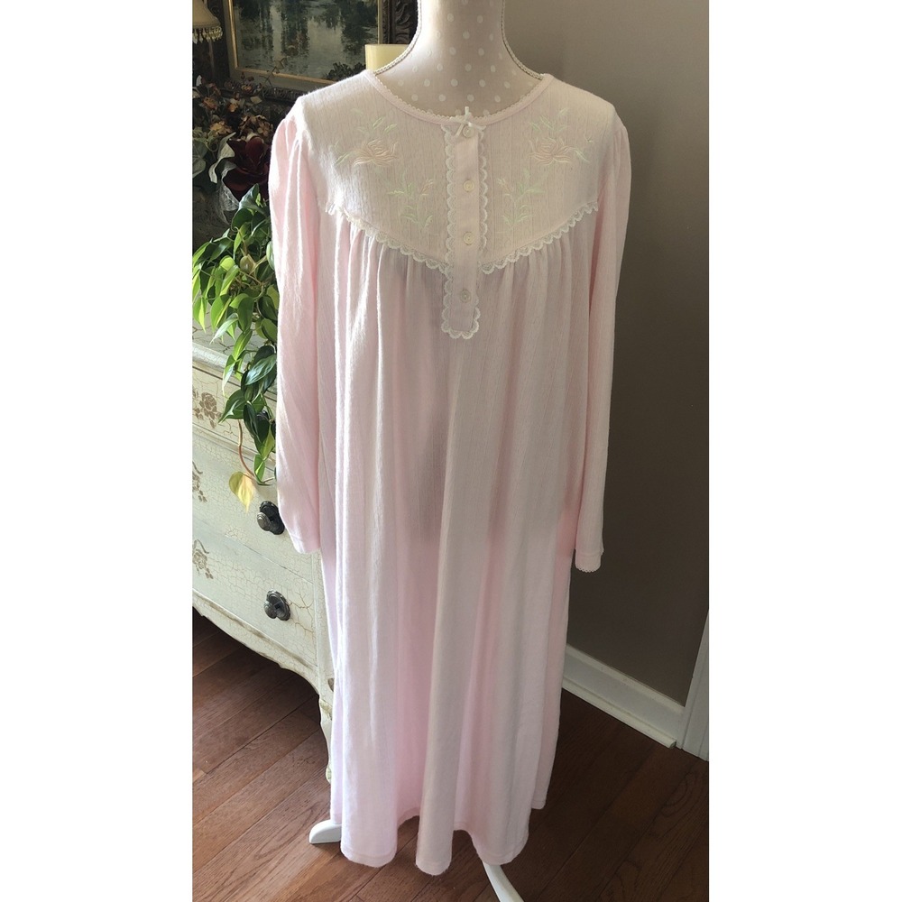 NWT Vintage Miss Elaine Pink Soft Knit Embroidered Long Nightgown Women  X-Large